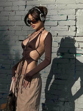 Y2k Streetwear 2 piezas Top corto de manga larga con cuello halter sexy de moda irregular sin espalda camisetas para mujer estéticas