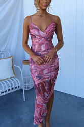 Maxikleid mit Spaghettiträgern, V-Ausschnitt, Wirbelmuster und Print