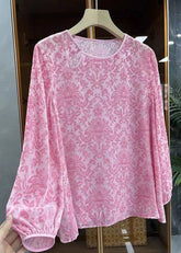 Boutique Rosa O Neck Jacquard Seide Velour Bluse Top Frühling