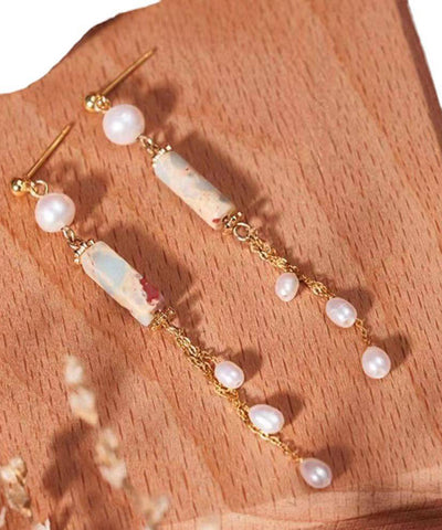 Pendientes de borla de perla dorada de plata esterlina blanca regular  Pendientes de borla de perla dorada de plata esterlina blanca regular