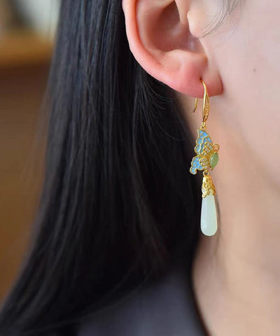 Retro Gold Sterling Silber Overgilt Jade Emaille Schmetterling Wassertropfen Tropfen Ohrringe  Retro Gold Sterling Silber Overgilt Jade Emaille Schmetterling Wassertropfen Tropfen Ohrringe