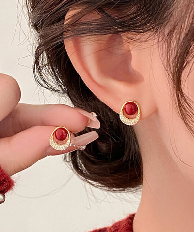 New Red Copper Overgild Zircon Pearl Stud Earrings New Red Copper Overgild Zircon Pearl Stud Earrings