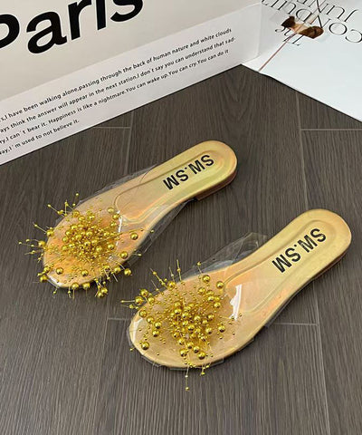Nuevas sandalias transparentes con punta de pez y suela plana con cuentas para uñas  Nuevas sandalias transparentes con punta de pez y suela plana con cuentas para uñas