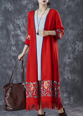 Style Red Tassel Embroidered Cotton Long Cardigan Herbst