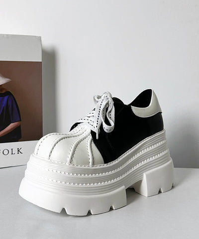 Mocasines con plataforma y cordones para mujer, color blanco y negro  Mocasines con plataforma y cordones para mujer, color blanco y negro