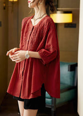 Camisas de talla grande con cuello redondo y diseño de patchwork y arrugadas de morera con mangas de pulsera