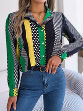 Long Sleeves Buttoned Contrast Color Polka-Dot Notched Collar Blouses&Shirts Tops