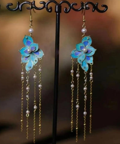 Fine Pink Sterling Silver Overgild Inlaid Pearl Lotus Tassel Drop Earrings Fine Pink Sterling Silver Overgild Inlaid Pearl Lotus Tassel Drop Earrings