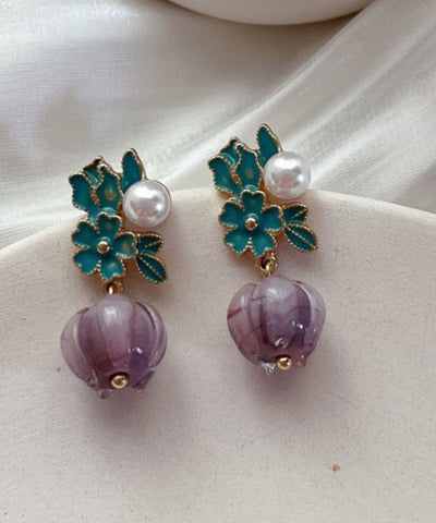 Pendientes colgantes de aleación de plata de ley azul retro con flores de linglan esmaltadas en color  Pendientes colgantes de aleación de plata de ley azul retro con flores de linglan esmaltadas en color