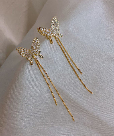 Modern Gold Sterling Silver Overgild Zircon Butterfly Tassel Drop Earrings Modern Gold Sterling Silver Overgild Zircon Butterfly Tassel Drop Earrings