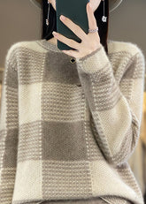 Boutique Kamel O-Ausschnitt Plaid Patchwork Kaschmir Strickpullover Tops Frühling