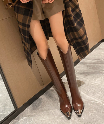 Boutique Beige Splicing Chunky Heel Boots Pointed Toe Boutique Beige Splicing Chunky Heel Boots Pointed Toe