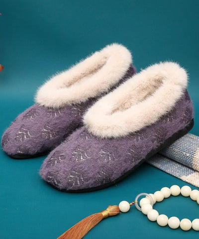 Zapatos planos cómodos de tela de algodón morado con empalme y forro de lana afelpada  Zapatos planos cómodos de tela de algodón morado con empalme y forro de lana afelpada