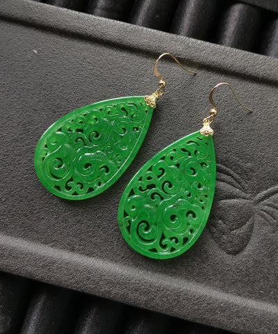 Pendientes colgantes de jade Tocantins con detalles calados en plata de ley dorada retro  Pendientes colgantes de jade Tocantins con detalles calados en plata de ley dorada retro