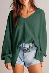 blackish green waffle v neck loose blouse