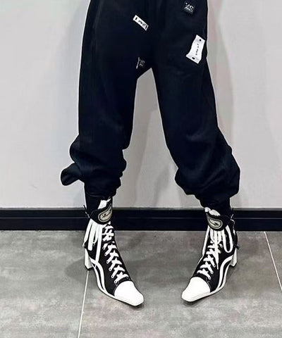 Black Splicing Canvas Cross Strap Chunky Boots Black Splicing Canvas Cross Strap Chunky Boots