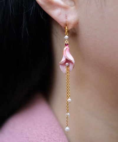 Beautiful Pink Sterling Silver Overgild Pearl Horseshoe Lotus Tassel Drop Earrings Beautiful Pink Sterling Silver Overgild Pearl Horseshoe Lotus Tassel Drop Earrings