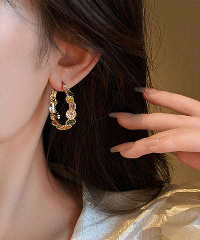 Oversize Gold Copper Alloy Floral Drip Glaze Hoop Earrings Oversize Gold Copper Alloy Floral Drip Glaze Hoop Earrings
