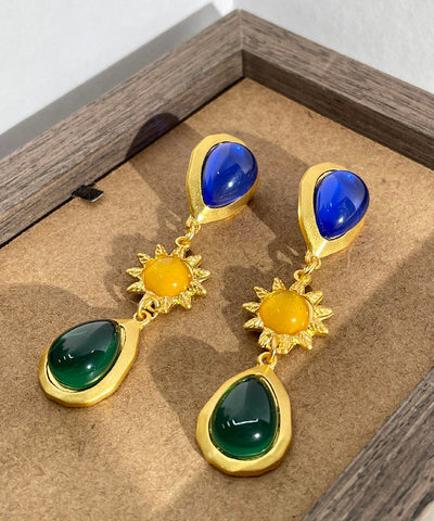 Pendientes de gota de agua con cristales esmaltados de colores y plata de ley dorada retro  Pendientes de gota de agua con cristales esmaltados de colores y plata de ley dorada retro
