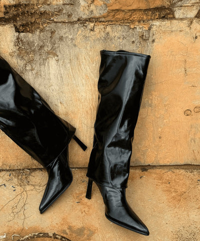 Schwarze Kunstleder Stiletto Heels Stiefel Fashion Splicing  Schwarze Kunstleder Stiletto Heels Stiefel Fashion Splicing