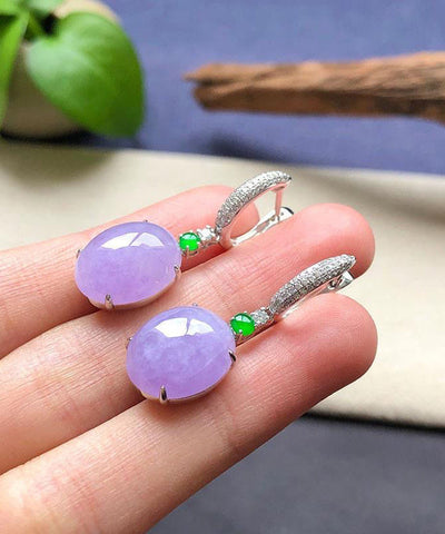 Pendientes colgantes de jade y circonita con incrustaciones de plata de ley morada Pendientes colgantes de jade y circonita con incrustaciones de plata de ley morada