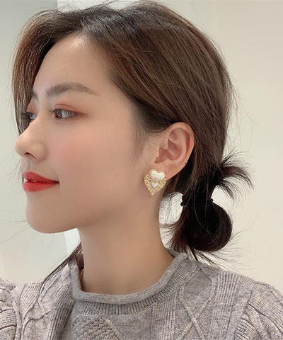 Modern White Sterling Silver Alloy Crystal Love Pearl Stud Earrings Modern White Sterling Silver Alloy Crystal Love Pearl Stud Earrings