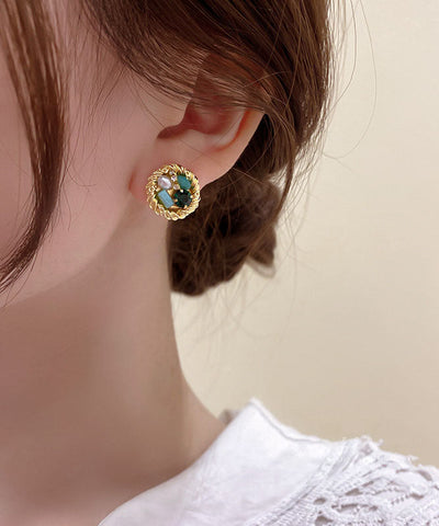 Novelty Gold Sterling Silver Overgild Zircon Pearl Stud Earrings Novelty Gold Sterling Silver Overgild Zircon Pearl Stud Earrings