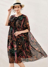 Boho Pink Cinched Print Sommer Chiffon Mittellanges Kleid Halbarm