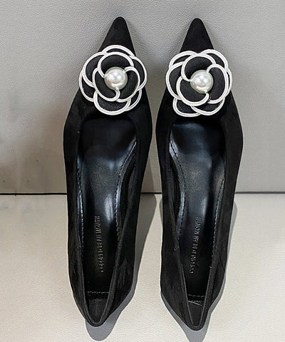 Classy Splicing Kitten Shoes Black Suede Floral Classy Splicing Kitten Shoes Black Suede Floral