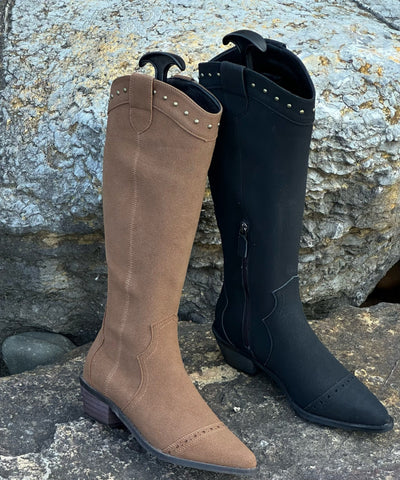 Art Splicing Chunky Boots Brown Suede Pointed Toe Rivet Art Splicing Chunky Boots Brown Suede Pointed Toe Rivet