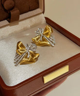 Boho Gold Alloy Asymmetrical Bow Zircon Silk Stud Earrings