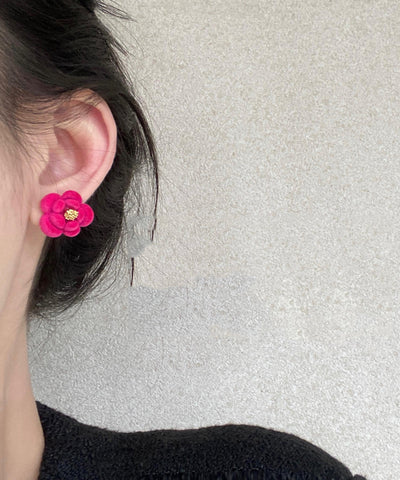 Original Design Red Alloy Flocking Camellia Flower Stud Earrings Original Design Red Alloy Flocking Camellia Flower Stud Earrings