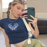 Camiseta corta de manga corta, ajustada y con estampado de alas de ángel en contraste de color retro americano de Office