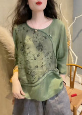 Neu Grün O Neck Print Baumwolle Blusen Armband Ärmel