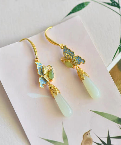 Retro Gold Sterling Silber Overgilt Jade Emaille Schmetterling Wassertropfen Tropfen Ohrringe  Retro Gold Sterling Silber Overgilt Jade Emaille Schmetterling Wassertropfen Tropfen Ohrringe