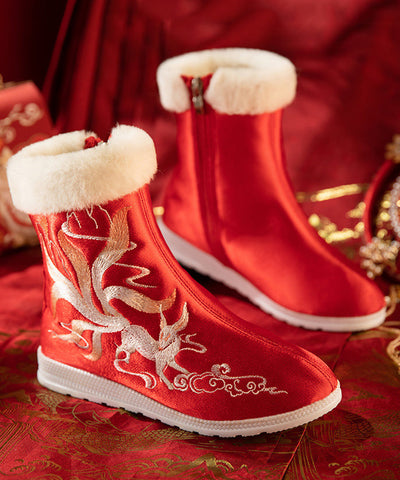 Boho Red Satin Embroidery Splicing Boots Fuzzy Wool Lined Boho Red Satin Embroidery Splicing Boots Fuzzy Wool Lined