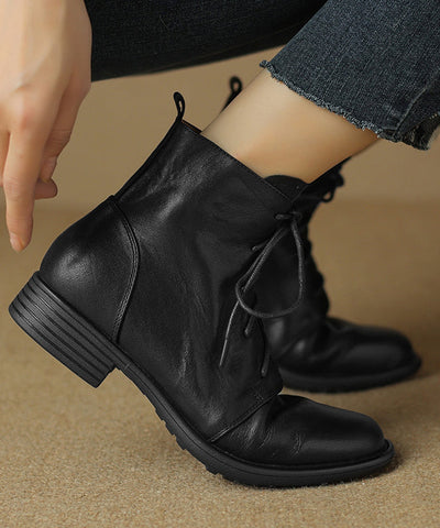 Black Cross Strap Splicing Cowhide Leather Chunky Boots Black Cross Strap Splicing Cowhide Leather Chunky Boots