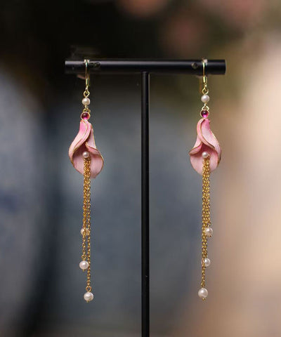 Beautiful Pink Sterling Silver Overgild Pearl Horseshoe Lotus Tassel Drop Earrings Beautiful Pink Sterling Silver Overgild Pearl Horseshoe Lotus Tassel Drop Earrings