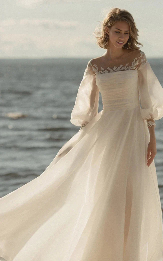 A-Line Simple Beach Lace Organza Floor Zipper Low-V Back Wedding Dress with Sheer Sleeve