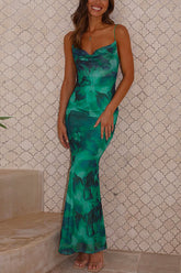 Meridress – Rückenfreies, bedrucktes Camisole-Maxikleid mit Wasserfallausschnitt und figurbetontem Schnitt