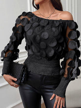 Loose Puff Sleeves Elasticity Gauze See-Through Solid Color Split-Joint Round-neck Blouses