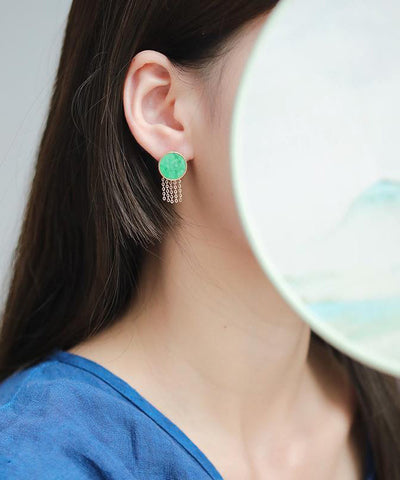 Loose Green Sterling Silver Overgild Jade Tassel Stud Earrings Loose Green Sterling Silver Overgild Jade Tassel Stud Earrings