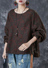 Frauen Schokolade Oversized Print Leinen Shirt Tops Herbst