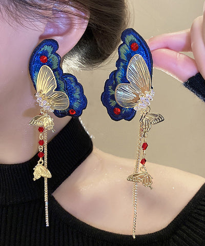 Pendientes colgantes con borlas y bordado de mariposas de tela de circonita de aleación de plata esterlina azul retro  Pendientes colgantes con borlas y bordado de mariposas de tela de circonita de aleación de plata esterlina azul retro