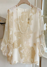 Art Apricot O-Ausschnitt Jacquard Patchwork Seidenblusen Laternenärmel