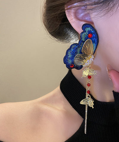 Pendientes colgantes con borlas y bordado de mariposas de tela de circonita de aleación de plata esterlina azul retro  Pendientes colgantes con borlas y bordado de mariposas de tela de circonita de aleación de plata esterlina azul retro