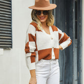 Autumn Winter Women's Plaid Stitching Knitwear Cardigan Sweater Coat