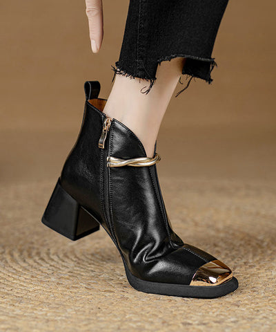 Classy Splicing Chunky Heel Ankle Boots Black Cowhide Leather Classy Splicing Chunky Heel Ankle Boots Black Cowhide Leather