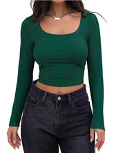 Damen Langarm Crop Top mit quadratischem Ausschnitt, gerippt, schmal geschnitten, Y2K, lässiges T-Shirt