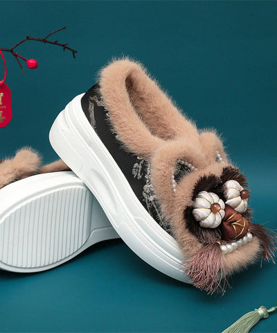 Handmade Splicing Tassel Nail Bead Platform Flat Shoes Coffee Fuzzy Wool Lined Handmade Splicing Tassel Nail Bead Platform Flat Shoes Coffee Fuzzy Wool Lined